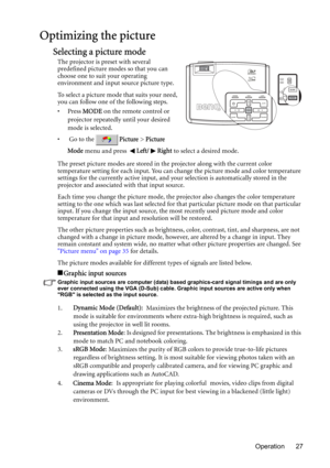 Page 27Operation 27
Optimizing the picture
Selecting a picture mode
The projector is preset with several 
predefined picture modes so that you can 
choose one to suit your operating 
environment and input source picture type.
To select a picture mode that suits your need, 
you can follow one of the following steps.
•Press MODE on the remote control or 
projector repeatedly until your desired 
mode is selected.
• Go to thePicture > Picture 
Mode menu and press Left/ Right to select a desired mode.
The preset...