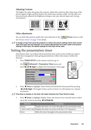 Page 29Operation 29
Adjusting Contrast
The higher the value, the greater the contrast. Adjust this control so that white areas of the 
picture appear bright and that detail in the white areas remains visible. Use this after you 
have previously adjusted the Brightness setting to suit your selected input and viewing 
environment. 
Other adjustments
You can find other picture quality fine-tune selections in the Picture menu as well. 
See Picture menu on page 35 for details.
A change of input will cause the...