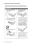 Page 4Important safety instructions 4
1. Important safety instructions
Your BenQ projector is designed and tested to meet the latest standards for safety of 
information technology equipment. However, to ensure safe use of this product, it is 
important that you follow the instructions mentioned in this manual and marked on the 
product. 
Safety Instructions
1.Please read this manual before you 
operate your projector. Save it for 
future reference.   
2.Do not look straight at the projector 
lens during...