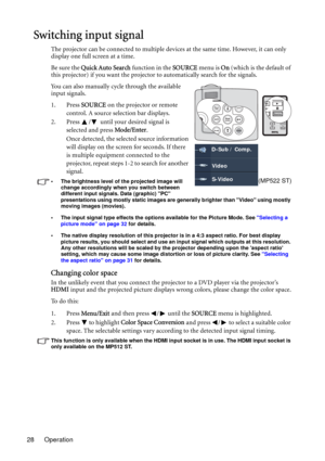 Page 28Operation 28
Switching input signal
The projector can be connected to multiple devices at the same time. However, it can only 
display one full screen at a time.
Be sure the Quick Auto Search function in the SOURCE menu is On (which is the default of 
this projector) if you want the projector to automatically search for the signals.
You can also manually cycle through the available 
input signals.
1. Press SOURCE on the projector or remote 
control. A source selection bar displays. 
2. Press  /  until...