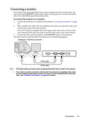 Page 19Connection 19
Connecting a monitor
If you want to view your presentation close-up on a monitor as well as on the screen, you 
can connect the D-SUB OUT signal output socket on the projector to an external monitor 
with a VGA cable following the instructions below:
To connect the projector to a monitor:
1. Connect the projector to a computer as described in Connecting a computer on page 
18.
2. Take a suitable VGA cable (only one supplied) and connect one end of the cable to the 
D-Sub input socket of the...