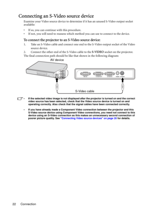 Page 22Connection 22
Connecting an S-Video source device
Examine your Video source device to determine if it has an unused S-Video output socket 
available: 
• If so, you can continue with this procedure.
• If not, you will need to reassess which method you can use to connect to the device.
To connect the projector to an S-Video source device:
1. Take an S-Video cable and connect one end to the S-Video output socket of the Video 
source device.
2. Connect the other end of the S-Video cable to the S-VIDEO socket...