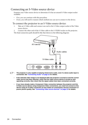 Page 24Connection 24
Connecting an S-Video source device
Examine your Video source device to determine if it has an unused S-Video output socket 
available: 
• If so, you can continue with this procedure.
• If not, you will need to reassess which method you can use to connect to the device.
To connect the projector to an S-Video source device:
1. Take an S-Video cable and connect one end to the S-Video output socket of the Video 
source device.
2. Connect the other end of the S-Video cable to the S-VIDEO socket...