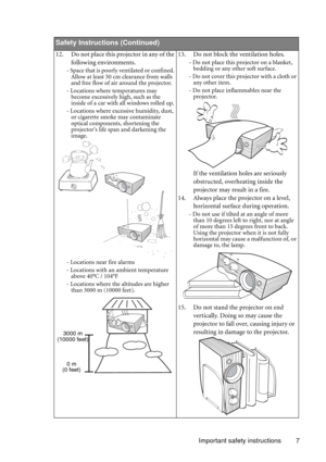 Page 7Important safety instructions 7        
Safety Instructions (Continued)
12. Do not place this projector in any of the 
following environments. 
- Space that is poorly ventilated or confined. 
Allow at least 50 cm clearance from walls 
and free flow of air around the projector. 
- Locations where temperatures may 
become excessively high, such as the 
inside of a car with all windows rolled up.
- Locations where excessive humidity, dust, 
or cigarette smoke may contaminate 
optical components, shortening...