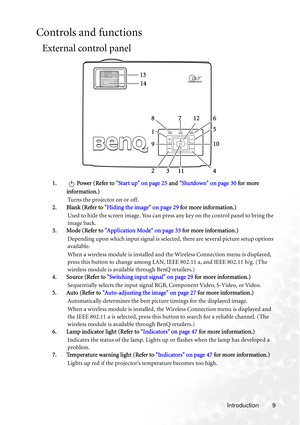 Page 15
Introduction 9
Controls and functions
External control panel
1. Power (Refer to Start up on page 25 and Shutdown on page 30  for more 
information.) Turns the projector on or off.
2. Blank (Refer to  Hiding the image on page 29  for more information.)
Used to hide the screen image. You can press any key on the control panel to bring the 
image back.
3. Mode (Refer to  Application Mode on page 33  for more information.)
Depending upon which input signal is selected, there are several picture setup...