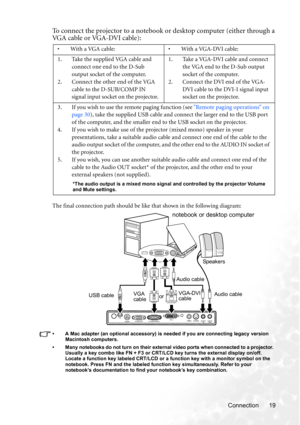 Page 25Connection 19
To connect the projector to a notebook or desktop computer (either through a
VG A  c a b l e  o r  VG A-DV I  c a b l e ) :   
The final connection path should be like that shown in the following diagram:
• A Mac adapter (an optional accessory) is needed if you are connecting legacy version 
Macintosh computers. 
• Many notebooks do not turn on their external video ports when connected to a projector. 
Usually a key combo like FN + F3 or CRT/LCD key turns the external display on/off....