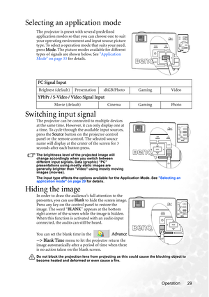 Page 35Operation 29
Selecting an application mode
The projector is preset with several predefined 
application modes so that you can choose one to suit 
your operating environment and input source picture 
type. To select a operation mode that suits your need, 
press Mode. The picture modes available for different 
types of signals are shown below. See Application 
Mode on page 33 for details.
Switching input signal
The projector can be connected to multiple devices 
at the same time. However, it can only...