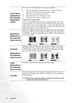 Page 40Operation 34
Color Temp 
(depends on 
the selected 
Application 
mode)
There are four color temperature* settings are available.
1.T1: With the highest color temperature, T1 makes the image 
appear the most bluish white than other settings.
2.T2: Makes images appear bluish white.
3.T3: Maintains normal colorings for white.
4.T4: Makes images appear reddish white.
*About color temperatures:
There are many different shades that are considered to be “white” for 
various purposes. One of the common methods...