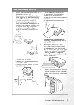 Page 9Important safety instructions 3        
Safety Instructions (Continued)
6. Do not place this projector in any of the 
following environments. 
- Space that is poorly ventilated or confined. 
Allow at least 50 cm clearance from walls 
and free flow of air around the projector. 
- Locations where temperatures may 
become excessively high, such as the 
inside of a car with all windows rolled up.
- Locations where excessive humidity, dust, 
or cigarette smoke may contaminate 
optical components, shortening...