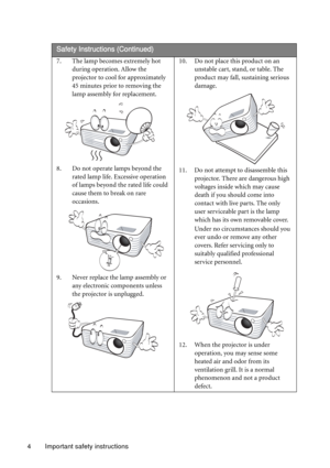 Page 4Important safety instructions 4
 
Safety Instructions (Continued)
7. The lamp becomes extremely hot 
during operation. Allow the 
projector to cool for approximately 
45 minutes prior to removing the 
lamp assembly for replacement. 
8. Do not operate lamps beyond the 
rated lamp life. Excessive operation 
of lamps beyond the rated life could 
cause them to break on rare 
occasions. 
9. Never replace the lamp assembly or 
any electronic components unless 
the projector is unplugged. 10. Do not place this...