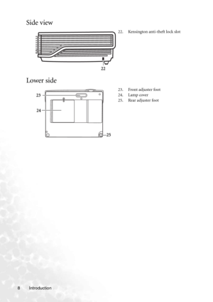 Page 14Introduction 8
Side view
Lower side
22. Kensington anti-theft lock slot
23. Front adjuster foot
24. Lamp cover
25. Rear adjuster foot
22
23
24
25 