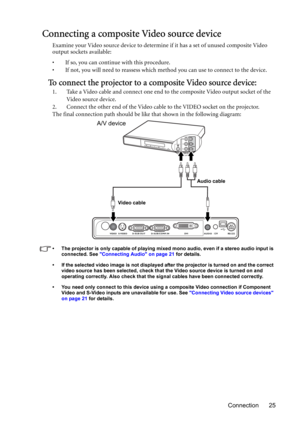 Page 25Connection 25
Connecting a composite Video source device
Examine your Video source device to determine if it has a set of unused composite Video 
output sockets available: 
• If so, you can continue with this procedure.
• If not, you will need to reassess which method you can use to connect to the device.
To connect the projector to a composite Video source device:
1. Take a Video cable and connect one end to the composite Video output socket of the 
Video source device.
2. Connect the other end of the...