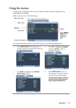 Page 27Operation 27
Using the menus
The projector is equipped with On-Screen Display (OSD) menus for making various 
adjustments and settings.
Below is the overview of the OSD menu.
To use the OSD menus, please set the OSD menu to your familiar language first.
1. Press MENU/EXIT on the projector or 
remote control to turn the OSD menu on.3. Press  to highlight Language 
and press  /  to select a 
preferred language.
2. Use  /  to highlight the SYSTEM 
SETUP: Basic menu.4. Press MENU/EXIT twice* on 
the...