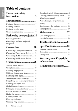 Page 2Table of contents
2
EnglishTable of contents
Important safety 
instructions ..... ..................3
Introduction .... ..................7
Projector features ................................. 7
Shipping contents ................................. 8
Projector exterior view ......................... 9
Controls and functions ....................... 10
Positioning your projector14
Choosing a location............................ 14
Obtaining a preferred projected 
image...