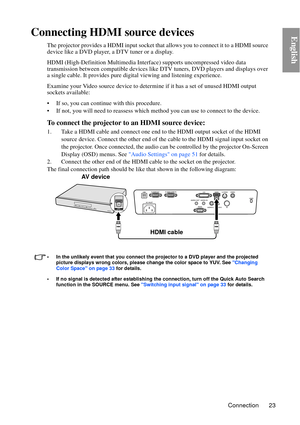 Page 23Connection 23
EnglishConnecting HDMI source devices
The projector provides a HDMI input socket that allows y ou to connect it to a HDMI source 
device like a DVD player, a  DTV tuner or a display.
HDMI (High-Definition Multimedia Inte rface) supports uncompressed video data 
transmission between compatible devices like  DTV tuners, DVD players and displays over 
a single cable. It provides pure digita l viewing and listening experience.
Examine your Video source device to determ ine if it has a set of...