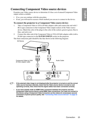 Page 25Connection 25
EnglishConnecting Component Video source devices
Examine your Video source device to determine  if it has a set of unused Component Video 
output sockets available: 
• If so, you can continue with this procedure.
• If not, you will need to reassess which method you can use to connect to the device.
To connect the projector to  a Component Video source device:
1. Take a Component Video to VGA (D-Sub) adaptor cable and connect the end with 3 
RCA type connectors to the Component Video output...