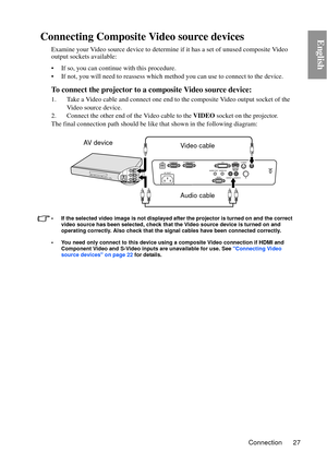 Page 27Connection 27
EnglishConnecting Composite Video source devices
Examine your Video source device to determine if it has a set of unused composite Video 
output sockets available: 
• If so, you can continue with this procedure.
• If not, you will need to reassess which method you can use to connect to the device.
To connect the projector to a composite Video source device:
1. Take a Video cable and connect one end to the composite Video output socket of the Video source device.
2. Connect the other end of...