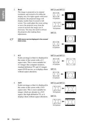 Page 38Operation
38
English2. Real: 
The image is projected as its original 
resolution, and resized  to fit within the 
display area. For inpu t signals with lower 
resolutions, the projected image will 
display smaller than if resized to full 
screen. You could adjust the zoom setting 
or move the projector away from the 
screen to increase the image size if 
necessary. You may also need to refocus 
the projector after making these 
adjustments.
OSD menus can be displayed in the unused 
black areas.
MP724 and...