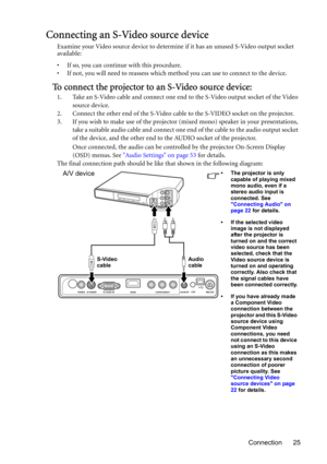 Page 25Connection 25
Connecting an S-Video source device
Examine your Video source device to determine if it has an unused S-Video output socket 
available: 
• If so, you can continue with this procedure.
• If not, you will need to reassess which method you can use to connect to the device.
To connect the projector to an S-Video source device:
1. Take an S-Video cable and connect one end to the S-Video output socket of the Video 
source device.
2. Connect the other end of the S-Video cable to the S-VIDEO socket...