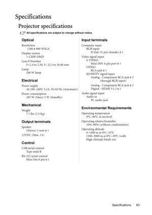 Page 63Specifications 63
Specifications
Projector specifications
All specifications are subject to change without notice.
Optical
Resolution
 1280 x 800 WSGA
Display system
1-CHIP DMD
Lens F/Number
F=2.4 to 2.58, f= 22.3 to 26.06 mm
Lamp
200 W lamp
Electrical
Power supply
AC100–240V, 3.2A, 50-60 Hz (Automatic)
Power consumption
285 W (Max); 5 W (Standby)
Mechanical
We i g h t
7.7 lbs (3.5 Kg)
Output terminals
Speaker
(Stereo) 2 watt x 1
12VDC (Max. 1A)
Control
USB serial control
Ty p e  m i n i  B
RS-232 serial...