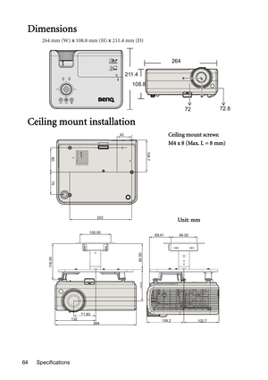 Page 64Specifications 64
Dimensions
264 mm (W) x 108.8 mm (H) x 211.4 mm (D)
Ceiling mount installation
264
211.4
108.8
7272.8
80
203
100.00
116.00
82.50
42
104.7
69.4184.00
102.24
264 13271.93108.2102.7
75
Ceiling mount screws:
M4 x 8 (Max. L = 8 mm)
Unit: mm 