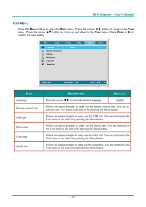 Page 33
DDDLLLPPP   PPPrrrooojjjeeeccctttooorrr   –––   UUUssseeerrr’’’sss   MMMaaannnuuuaaalll   
Tool Menu  
Press the Menu button to open the Main menu. Press the cursor W X button to move to the Tool 
menu. Press the cursor ST button to move up and down in the Tool menu. Press Enter or X to 
confirm the new setting. 
 
ITEM DESCRIPTION DEFAULT 
Language Press the cursor W X to select the desired language English 
Remote control test Follow on-screen prompts to carry out the remote control test. You are re-...