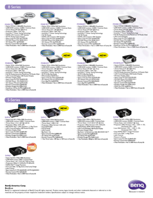 Page 310,000 hourslamp life10,000 hourslamp life10,000 hourslamp life10,000 hourslamp life
MW870UST• Native WXGA (1280x800) Resolution
• 3,000 ANSI Lumens, 2,600:1 Contrast Ratio
• Throw Ratio 0.37 (87”@0.73m)
• Projection Offset 125% ±5%
• Full 3D Ready, Interactive PointDraw 3.0 Ready (Opt)
• LAN Control/Display, USB Reader/Display
• Wireless Display (Opt) 
• Spare Lamp Kit P/N: 5J.J2V05.001
• 0.6 Wall Mount P/N: 5J.J4R10.011
• 3D Glass P/N: 5J.J7K25.001
• Remote Control P/N: 5J.J2V05.001
• Wireless Dongle...