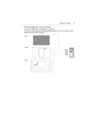 Page 25Setting up the display 25
Connecting the touch module
Connect the USB cable on the display to a computer.
The touch module supports easy Plug-and-Play operations. There is no need to install 
additional drivers on the computer.
TL550 T420
T650 