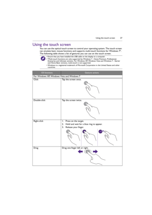 Page 27Using the touch screen 27
Using the touch screen
You can use the optical touch screen to control your operating system. The touch screen 
can emulate basic mouse functions and supports multi-touch functions for Windows 7*. 
The following table shows a list of gestures you can use on the touch screen.
• Ensure that you have installed the USB cable on the display to a computer.
• *Multi-touch functions are only supported by Windows 7 - Home Premium, Professional, 
Enterprise and Ultimate versions. For...