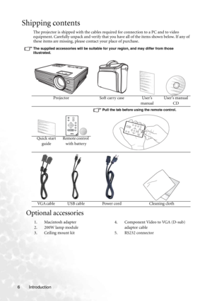 Page 12Introduction 6
Shipping contents
The projector is shipped with the cables required for connection to a PC and to video 
equipment. Carefully unpack and verify that you have all of the items shown below. If any of 
these items are missing, please contact your place of purchase. 
The supplied accessories will be suitable for your region, and may differ from those 
illustrated.
Optional accessories
Projector Soft carry case User’s 
manualUser’s manual 
CD
Pull the tab before using the remote control.
Quick...