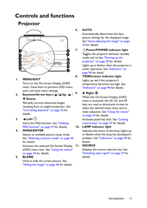 Page 11Introduction 11
Controls and functions
Projector
6. AUTO
Automatically determines the best 
picture timings for the displayed image. 
See Auto-adjusting the image on page 
32 for details.
7. Power/POWER indicator light
Toggles the projector between standby 
mode and on.See Starting up the 
projector on page 30 for details.
Lights up or flashes when the projector is 
under operation. See Indicators on 
page 96 for detail.
8. TEMPerature indicator light
Lights up red if the projectors 
temperature becomes...