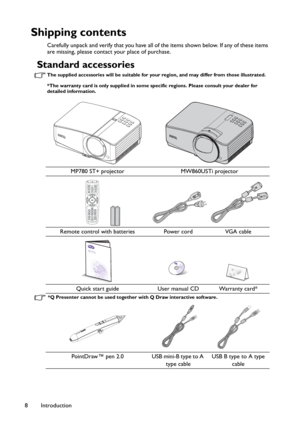 Page 8Introduction 8
Shipping contents
Carefully unpack and verify that you have all of the items shown below. If any of these items 
are missing, please contact your place of purchase.
Standard accessories
The supplied accessories will be suitable for your region, and may differ from those illustrated.
*The warranty card is only supplied in some specific regions. Please consult your dealer for 
detailed information.
MP780 ST+ projector MW860USTi projector
Remote control with batteries Power cord VGA cable...