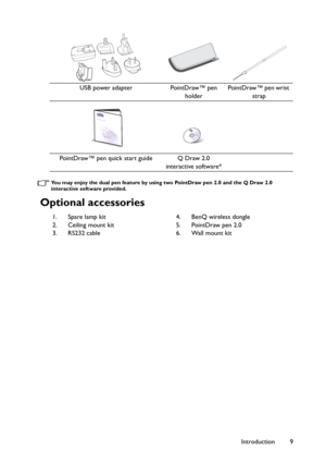 Page 9Introduction 9
You may enjoy the dual pen feature by using two PointDraw pen 2.0 and the Q Draw 2.0 
interactive software provided.
Optional accessories
USB power adapter PointDraw™ pen 
holderPointDraw™ pen wrist 
strap
PointDraw™ pen quick start guide Q Draw 2.0 
interactive software*
Quick Start Guide
1. Spare lamp kit
2. Ceiling mount kit
3. RS232 cable4. BenQ wireless dongle
5. PointDraw pen 2.0
6. Wall mount kit 