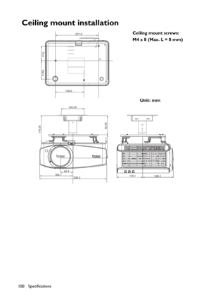 Page 100Specifications
100
Ceiling mount installation
75.0
221.0
100.00
116.00
82.50
107.7
328.0 163.762.5115.1129.1
100.0
146.0
Ceiling mount screws:
M4 x 8 (Max. L = 8 mm)
Unit: mm 