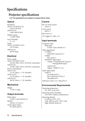 Page 72Specifications 72
Specifications
Projector specifications
All specifications are subject to change without notice.
Optical
Resolution
(MX713 ST/MX762 ST)
1024 x 768 XGA
(MW714 ST)
1280 x 800 WXGA
Display system
1-CHIP DMD
Lens F/Number
F = 2.6
Lamp
(MX713 ST/MW714 ST)
210 W lamp
(MX762 ST)
300 W lamp
Electrical
Power supply
(MX713 ST/MW714 ST)
AC100–240V, 3.68 A, 50-60 Hz (Automatic)
(MX762 ST)
AC100–240V, 4.88 A, 50-60 Hz (Automatic)
Power consumption
(MX713 ST)
371 W (Max); < 1 W (Standby)
(MW714 ST)...