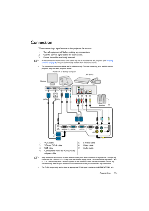 Page 15Connection 15
Connection
When connecting a signal source to the projector, be sure to:
1. Turn all equipment off before making any connections.
2. Use the correct signal cables for each source.
3. Ensure the cables are firmly inserted.
•  In the connections shown below, some cables may not be included with the projector (see Shipping 
contents on page 8). They are commercially available from electronics stores.
•  The connection illustrations below are for reference only. The rear connecting jacks...