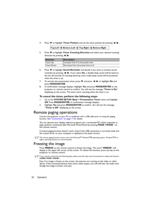 Page 32Operation 324. Press  to highlight Timer Position and set the timer position by pressing  /
.
5. Press   to highlight Timer Counting Direction and select your desired counting 
direction by pressing  / .
6. Press  to highlight Sound Reminder and decide if you want to activate sound 
reminder by pressing  / . If you select On, a double beep sound will be heard at 
the last 30 seconds of counting down/up, and a triple beep sound will be produced 
when the timer is up.
7. To activate the presentation timer,...