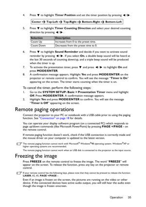 Page 35Operation 35 4. Press  to highlight Timer Position and set the timer position by pressing  /
.
5. Press   to highlight Timer Counting Direction and select your desired counting 
direction by pressing  / .
6. Press  to highlight Sound Reminder and decide if you want to activate sound 
reminder by pressing  / . If you select On, a double beep sound will be heard at 
the last 30 seconds of counting down/up, and a triple beep sound will be produced 
when the timer is up.
7. To activate the presentation...