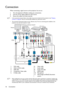 Page 18Connection 18
Connection
When connecting a signal source to the projector, be sure to:
1. Turn all equipment off before making any connections.
2. Use the correct signal cables for each source.
3. Ensure the cables are firmly inserted.
•  In the connections shown below, some cables may not be included with the projector (see Shipping 
contents on page 8). They are commercially available from electronics stores.
•  The connection illustrations below are for reference only. The rear connecting jacks...