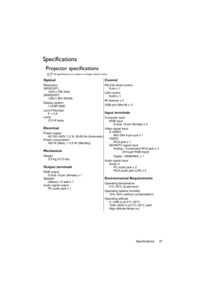 Page 57Specifications 57
Specifications
Projector specifications
All specifications are subject to change without notice.
Optical
Resolution
(MX823ST)1024 x 768 XGA
(MW824ST) 1280 x 800 WXGA
Display system 1-CHIP DMD
Lens F/Number F = 2.6
Lamp 210 W lamp
Electrical
Power supply
AC100–240V, 3.2 A, 50-60 Hz (Automatic)
Power consumption 300 W (Max); < 0.5 W (Standby)
Mechanical
Weight2.6 Kg (5.73 lbs)
Output terminals
RGB output
D-Sub 15-pin (female) x 1
Speaker (Stereo) 10 watt x 1
Audio signal output PC audio...