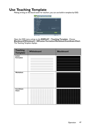 Page 47Operation47
U s e  Te a c h i n g  Te m p l a t e
Making writing on the board easier for teachers, you can use build-in template by OSD.
Open the OSD menu and go to the DISPLAY > Teaching Template . Choose 
Blackboard/Whiteboard > Off/Letter Formation/Worksheet/Coordinate Chart. 
The Teaching Template displays.
Teaching 
TemplateWhiteboardBlackboard
Letter 
Formation
Worksheet
Coordinate 
Chart 