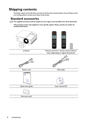 Page 8Introduction 8
Shipping contents
Carefully unpack and verify that you have all of the items shown below. If any of these items 
are missing, please contact your place of purchase.
Standard accessories
The supplied accessories will be suitable for your region, and may differ from those illustrated.
*The warranty card is only supplied in some specific regions. Please consult your dealer for 
detailed information.
projector Remote control or remote control without 
laser (depending on region) & batteries...