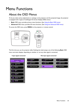 Page 29  29
  Menu Functions
Menu Functions
About the OSD Menus
To let you make various adjustments or settings on the projector and the projected image, the projector 
is equipped with 2 types of multilingual On-Screen Display (OSD) menus: 
• Basic OSD menu: provides primary menu functions. (See Using the Basic OSD menu)
• Advanced OSD menu: provides full menu functions. (See Using the Advanced OSD menu)
To access the OSD menu, press MENU on the projector or remote control. 
The first time you use the...