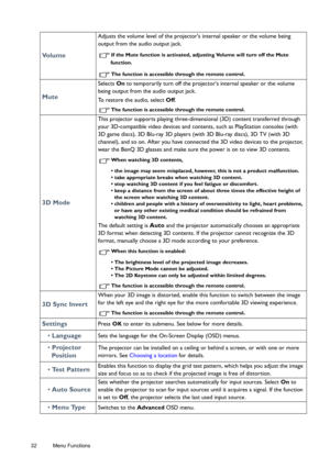 Page 3232 Menu Functions  
Vo l u m e
Adjusts the volume level of the projectors internal speaker or the volume being 
output from the audio output jack.
If the Mute function is activated, adjusting Volume will turn off the Mute 
function.
The function is accessible through the remote control. 
Mute
Selects On to temporarily turn off the projectors internal speaker or the volume 
being output from the audio output jack. 
To restore the audio, select Off.
The function is accessible through the remote control....