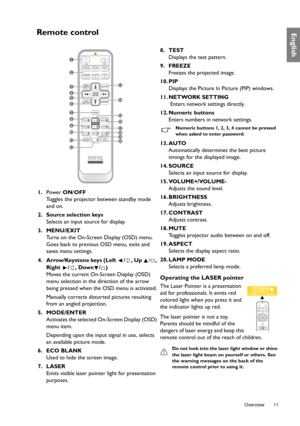 Page 11  11
  Overview
EnglishRemote control
1.Power ON/OFF
Toggles the projector between standby mode 
and on.
2. Source selection keys
Selects an input source for display.
3. MENU/EXIT
Turns on the On-Screen Display (OSD) menu. 
Goes back to previous OSD menu, exits and 
saves menu settings.
4. Arrow/Keystone keys (Left  / , Up /, 
Right / , Down / )
Moves the current On-Screen Display (OSD) 
menu selection in the direction of the arrow 
being pressed when the OSD menu is activated.
Manually corrects...