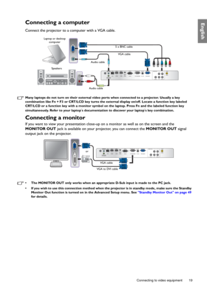 Page 19  19
  Connecting to video equipment
EnglishConnecting a computer
Connect the projector to a computer with a VGA cable. 
Many laptops do not turn on their external video ports when connected to a projector. Usually a key 
combination like Fn + F3 or CRT/LCD key turns the external display on/off. Locate a function key labeled 
CRT/LCD or a function key with a monitor symbol on the laptop. Press Fn and the labeled function key 
simultaneously. Refer to your laptop
s documentation to discover your laptops...