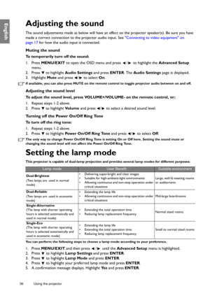 Page 3636 Using the projector  
EnglishAdjusting the sound
The sound adjustments made as below will have an effect on the projector speaker(s). Be sure you have 
made a correct connection to the projector audio input. See Connecting to video equipment on 
page 17 for how the audio input is connected.
Muting the sound
To temporarily turn off the sound:
1. Press MENU/EXIT to open the OSD menu and press  /  to highlight the Advanced Setup 
menu.
2. Press  to highlight Audio Settings and press ENTER. The Audio...
