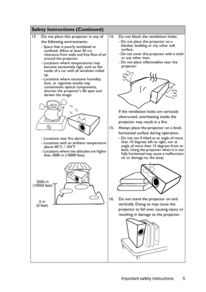 Page 5Important safety instructions 5
    
Safety Instructions (Continued)
13. Do not place this projector in any of 
the following environments.
- Space that is poorly ventilated or 
confined. Allow at least 50 cm 
clearance from walls and free flow of air 
around the projector. 
- Locations where temperatures may 
become excessively high, such as the 
inside of a car with all windows rolled 
up.
- Locations where excessive humidity, 
dust, or cigarette smoke may 
contaminate optical components, 
shorten the...