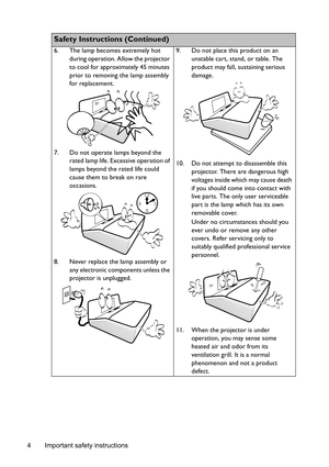 Page 4Important safety instructions 4
  
Safety Instructions (Continued)
6. The lamp becomes extremely hot 
during operation. Allow the projector 
to cool for approximately 45 minutes 
prior to removing the lamp assembly 
for replacement. 
7. Do not operate lamps beyond the 
rated lamp life. Excessive operation of 
lamps beyond the rated life could 
cause them to break on rare 
occasions. 
8. Never replace the lamp assembly or 
any electronic components unless the 
projector is unplugged. 9. Do not place this...