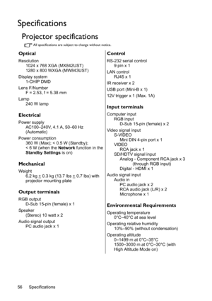 Page 56Specifications 56
Specifications
Projector specifications
All specifications are subject to change without notice.
Optical
Resolution
1024 x 768 XGA (MX842UST)
1280 x 800 WXGA (MW843UST)
Display system
1-CHIP DMD
Lens F/Number
F = 2.53, f = 5.38 mm
Lamp
240 W lamp
Electrical
Power supplyAC100–240V, 4.1 A, 50–60 Hz 
(Automatic)
Power consumption
360 W (Max); < 0.5 W (Standby);
< 6 W (when the Network function in the 
Standby Settings is on)
Mechanical
Weight
6.2 kg + 0.3 kg (13.7 lbs + 0.7 lbs) with...